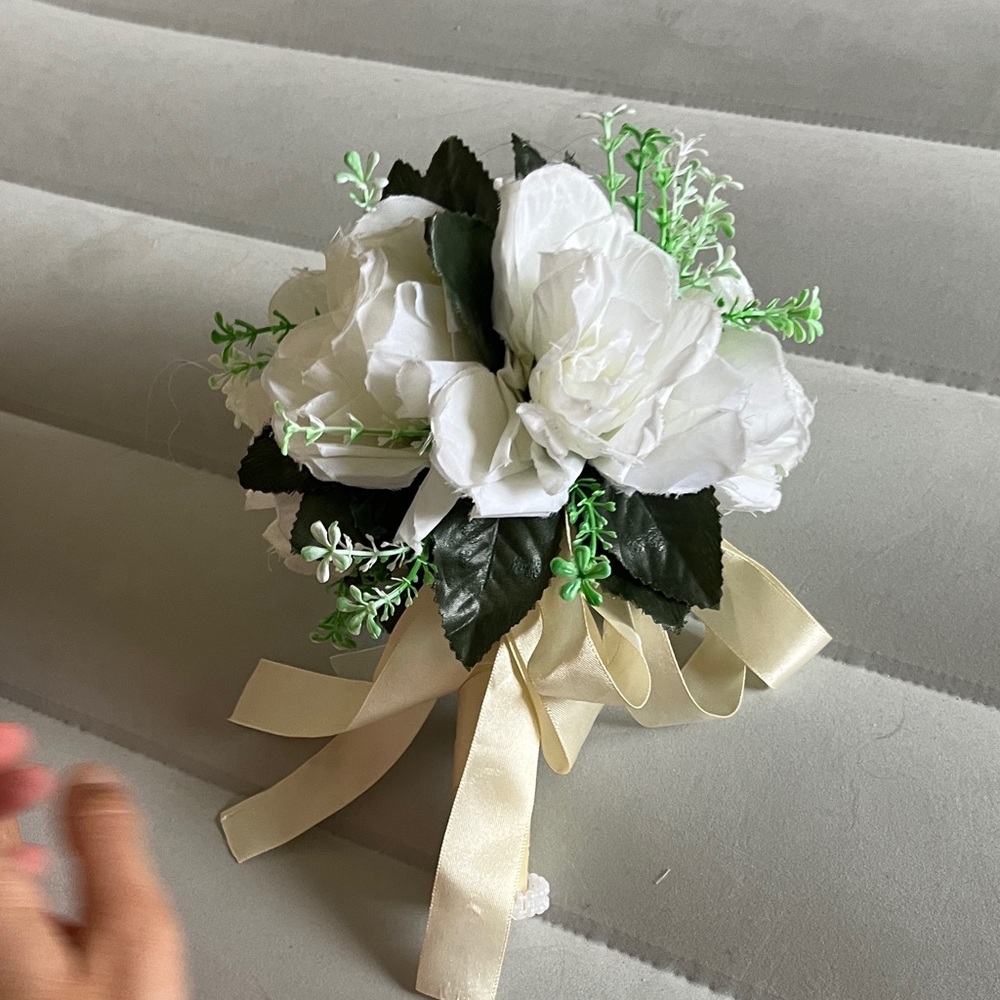 White Rose Bouquet with Cream Ribbon